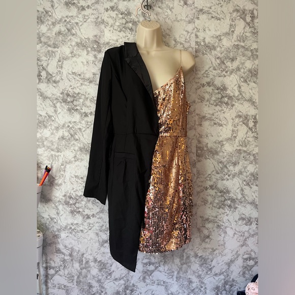 Cocktail Party Dress Sequin Semi Formal Mini Dress Long Sleeve One Shoulder - Picture 3 of 10